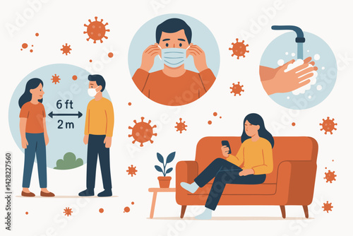 Promoting Health: Social Distancing, Mask Wearing, and Hand Washing to Prevent Virus Spread - Flat Vector Illustration for Awareness and Prevention