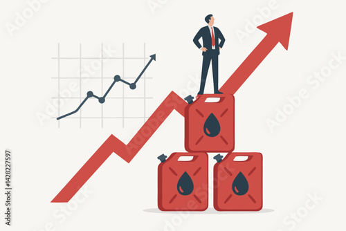 Conceptual illustration of rising oil and gas prices. Businessman stands atop stacked fuel containers observing an upward trend arrow and financial market graph, symbolizing energy cost inflation.