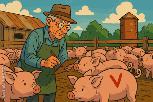 Veterinarian marking vaccinated pigs in a sunny farm setting  