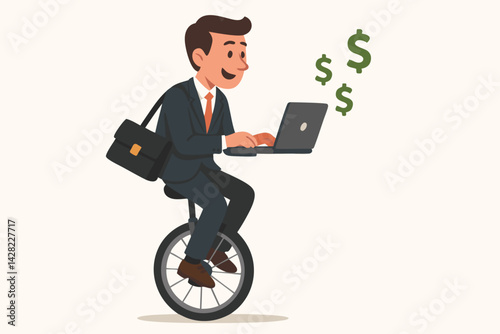 Smiling entrepreneur achieves financial success online, working on a laptop with dollar signs while confidently riding a unicycle, vector concept of business multitasking and balance.