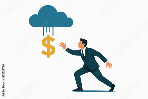 Vector illustration of a businessman seizing a golden dollar sign raining from a cloud, representing successful investment, financial gain, profit opportunity, and cloud computing revenue.
