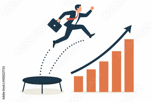 Businessman using a trampoline to leap onto a rising growth chart, symbolizing business success, career boost, financial recovery, investment progress, and achieving goals vector illustration.