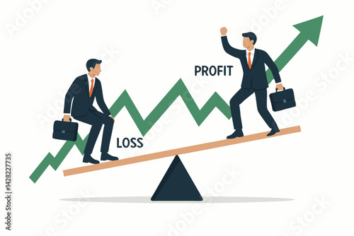 Businessmen Balancing Profit and Loss on Seesaw Amidst Market Volatility Graph Illustrating Investment Risk and Reward, Financial Success vs Failure Concept Vector