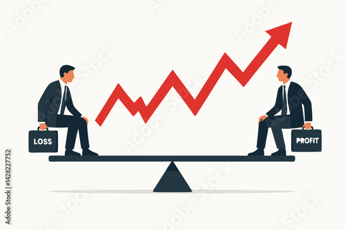 Market volatility concept vector with businessmen on seesaw balancing profit vs loss briefcases below upward trending but jagged stock chart, representing financial risk and reward.