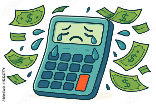 Crying Calculator with Falling Dollar Bills in an Illustrated Style  