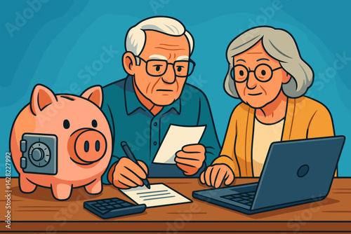Seniors Managing Budget with Piggy Bank and Laptop  