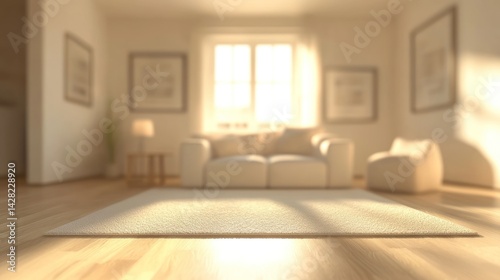 A cozy living room with soft lighting, a rug, and comfortable furniture.