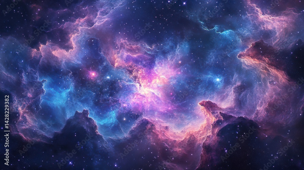 Fototapeta premium Vibrant Cosmic Nebula Purple, Blue, and Pink Hues Illuminate Celestial Landscape