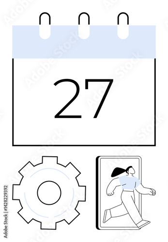 Calendar date emphasized with a gear icon and a figure stepping out of a smartphone, symbolizing time management, planning, productivity, technology, automation, mobility, and a simple landing page