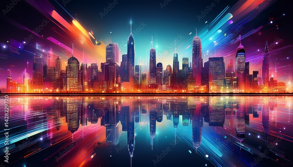 Obraz premium Vibrant Cityscape Reflection in Sparkling Water at Night
