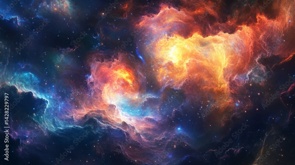 Fototapeta premium Vibrant Cosmic Nebula with Swirling Gases and Stars