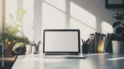 A minimalist workspace featuring a laptop, plants, and stationery.