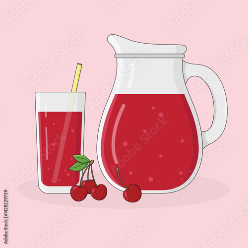 Glass with a straw and jug with cherry juice. Fresh summer drink vector illustration.