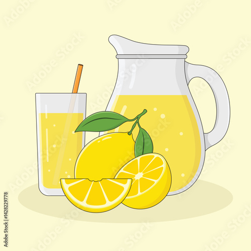 Glass with a straw and jug with lemonade. Fresh summer drink vector illustration.