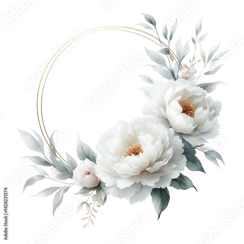 Soft watercolor Floral frame, White peonies, Minimalist vintage round frame with transparent background. For use in invitation or wedding cards