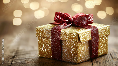 Glittering Gold Gift Box with Red Ribbon on Wooden Surface