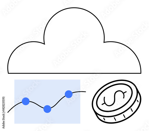 Cloud with line graph and coin representing data storage, financial analytics, technology, investment, business strategy, innovation, and economic growth. Ideal for technology services website or