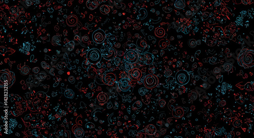 Abstract holiday backdrop with swirling ornaments, festive design on black background