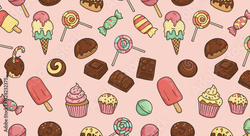 Hand-Drawn Confections: A Seamless Pattern of Delightful Sweets and Treats