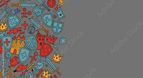 Whimsical Medieval Kingdom Pattern with Swords Shields and Castles Gray Background