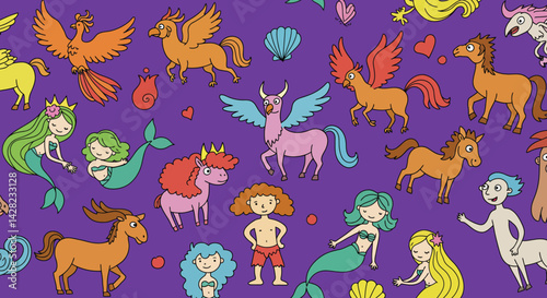 Whimsical Creature Pattern: Seamless Cartoon Horses, Mythical Beings, and Mermaids on a Violet Background