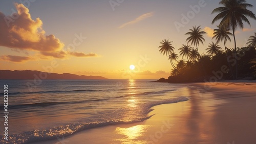 tropical beach at sunset.