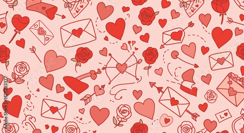 Charming Valentine's Day Pattern with Hearts, Roses, and Love Letters on Pink