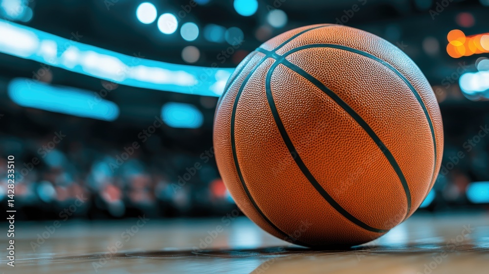 Basketball positioned on the court with blurred lights and crowd in a lively indoor arena, capturing the essence of the game