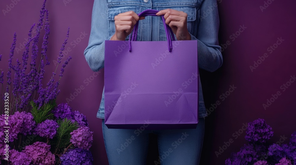 A woman presents a blank purple paper shopping bag surrounded by vibrant flowers in shades of purple, creating a serene environment