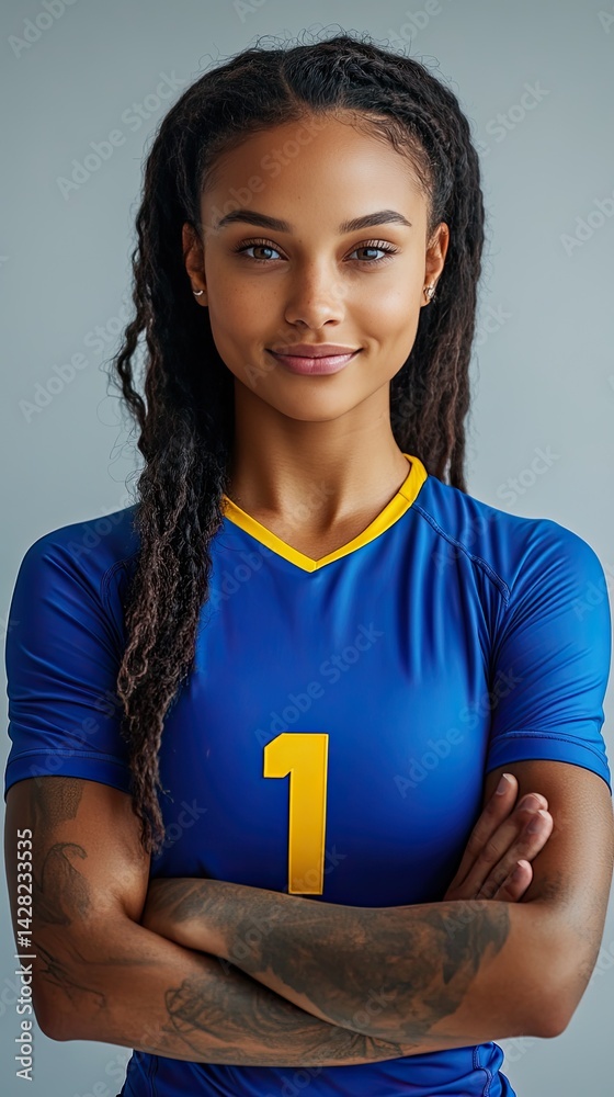 A young African American woman in a vibrant team uniform stands confidently, arms crossed, showcasing her athleticism and determination
