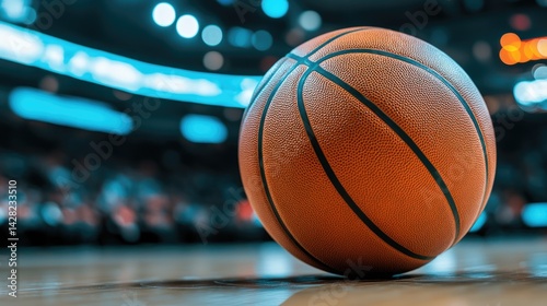 Obraz na płótnie Basketball positioned on the court with blurred lights and crowd in a lively indoor arena, capturing the essence of the game w salonie