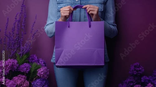 Obraz na płótnie A woman presents a blank purple paper shopping bag surrounded by vibrant flowers in shades of purple, creating a serene environment w salonie