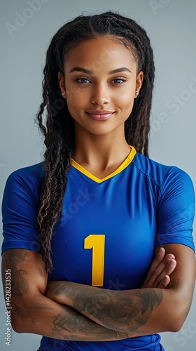 Obraz na płótnie A young African American woman in a vibrant team uniform stands confidently, arms crossed, showcasing her athleticism and determination w salonie