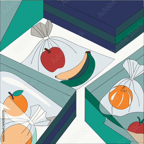 Fruits wrapped in foil or plastic, creating a commentary on packaging and freshness.