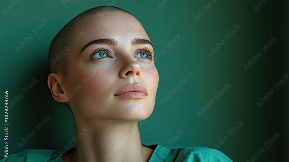 A bald woman dressed in a green hospital gown looks thoughtfully upward, her striking green eyes reflecting an emotional moment