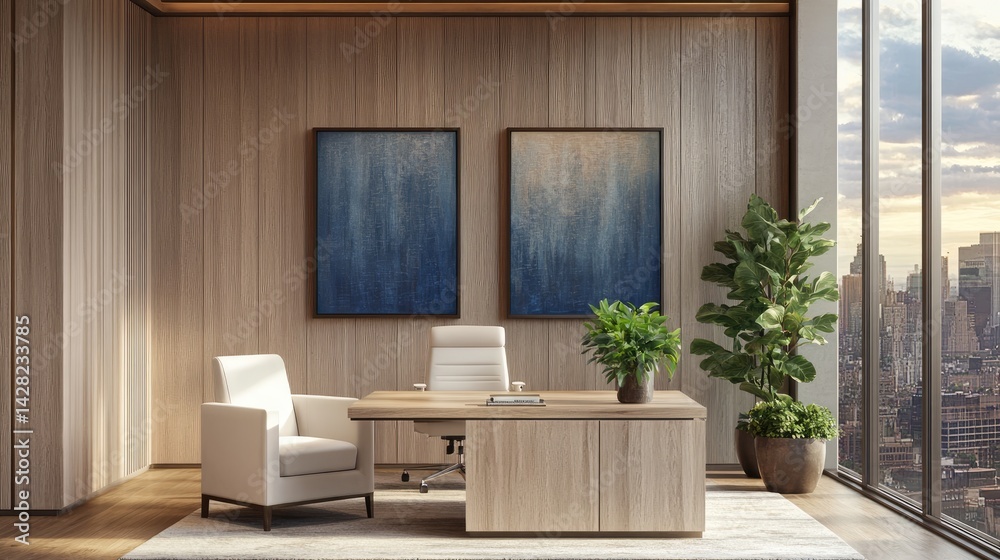 Fototapeta premium Modern executive office suite with city views.