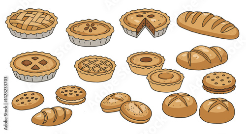 Delicious pastries and breads assortment, featuring various pies, buns, and breads for festive table