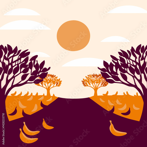 A surreal fruit landscape with giant strawberries as trees, banana boats, and a watermelon sun.