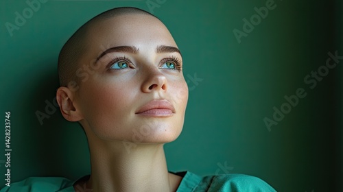 Obraz na płótnie A bald woman dressed in a green hospital gown looks thoughtfully upward, her striking green eyes reflecting an emotional moment w salonie