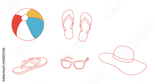 Vibrant beach essentials line art depicting summer vacation vibes and relaxation