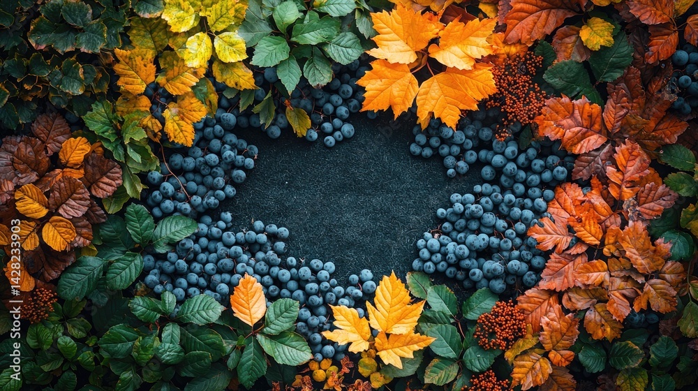 Vibrant autumn leaves in shades of orange and yellow surround fresh blueberries, creating a natural border for artistic presentations