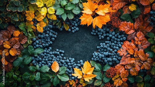 Obraz na płótnie Vibrant autumn leaves in shades of orange and yellow surround fresh blueberries, creating a natural border for artistic presentations w salonie