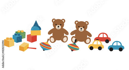 Diverse array of toys arranged thoughtfully on a light backdrop, isolated objects