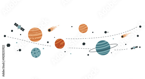 Hand drawn illustration featuring colorful planets, asteroids, and satellites