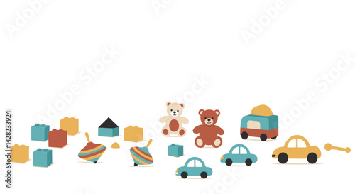 Delightful toy assortment on a clean backdrop for playroom illustrations