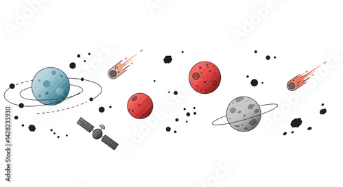 Artistic depiction of cosmic space with planets, satellites, comets and asteroid