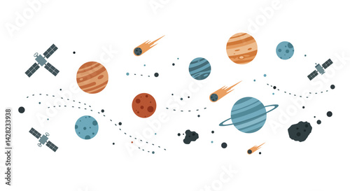 Whimsical cosmic landscape featuring vibrant planets, comets, and satellites on white backdrop
