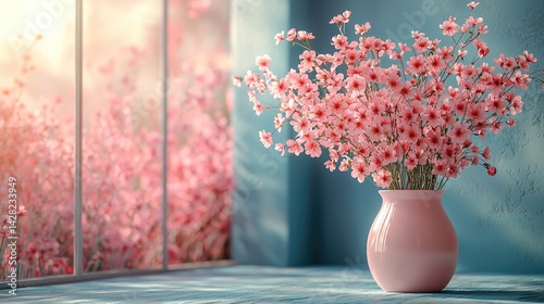 Obraz na płótnie Vibrant pink flowers arranged in a soft pink vase bring life to a calm indoor environment, enhancing the beauty of the soft natural light w salonie