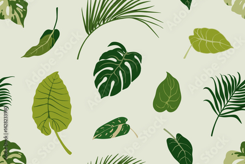 Green tropical leaf pattern. Seamless foliage background design. Exotic plant leaves, greenery, endless repeating print, texture for wrapping, wallpaper, fabric and textile. Flat vector illustration