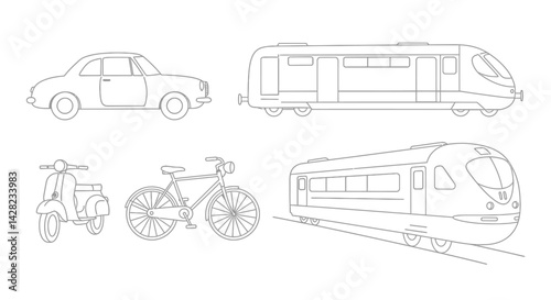 Outlined vehicular collection showcasing diverse forms of conveyance on white backdrop